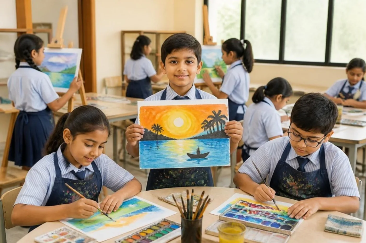 Primary students painting in the art room