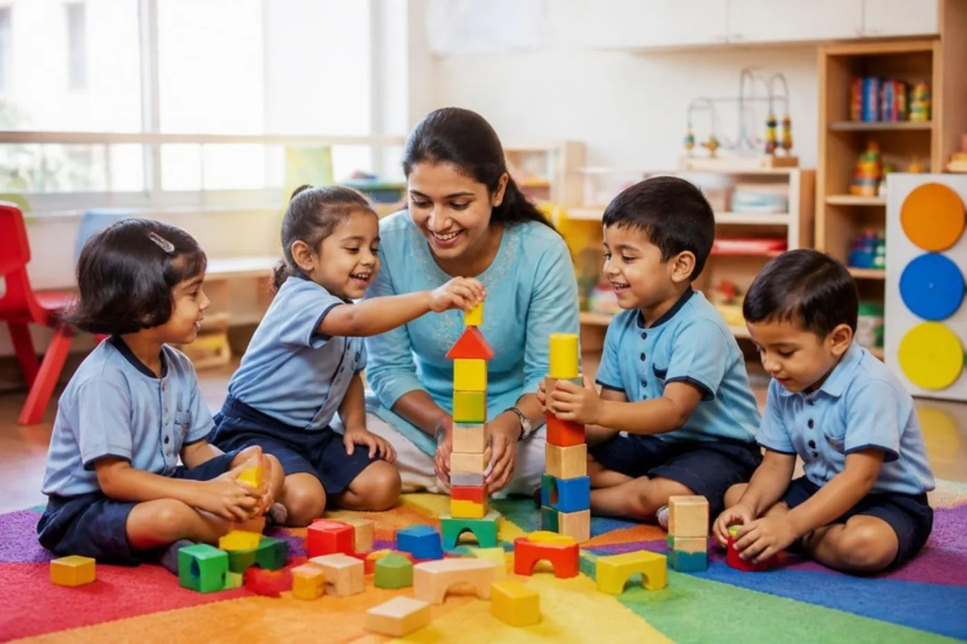 Little children building towers with blocks with their teacher